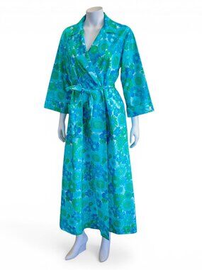 Vintage 1960s Blue & Green Floral Robe / Wrap Dress * Medium